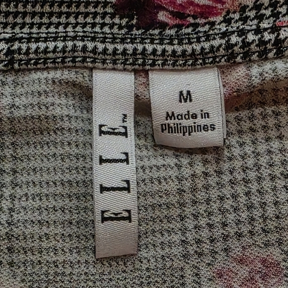 ELLE Pink Floral Houndstooth Long Sleeve Top M Stretch Blouse Workwear - Picture 8 of 9